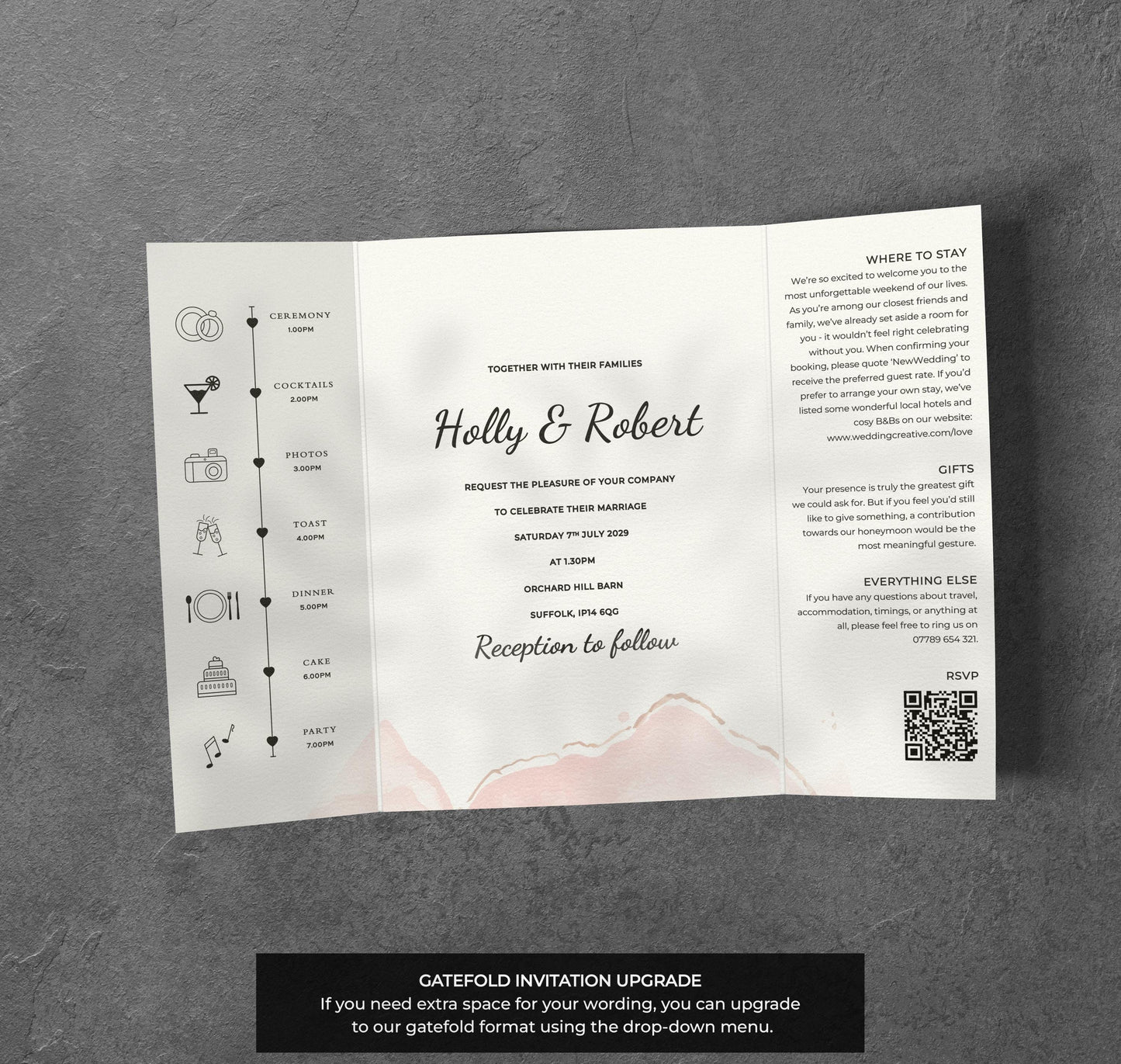 Blush Ink Wedding Invitation – Abstract Watercolour Design with Kraft Envelopes