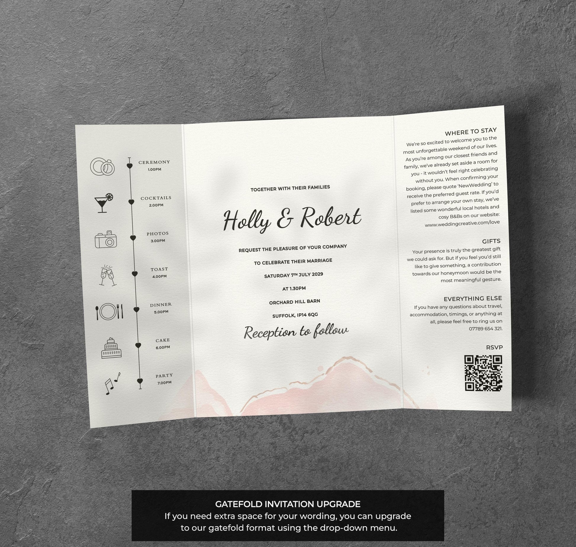 Blush Ink Wedding Invitation – Abstract Watercolour Design with Kraft Envelopes