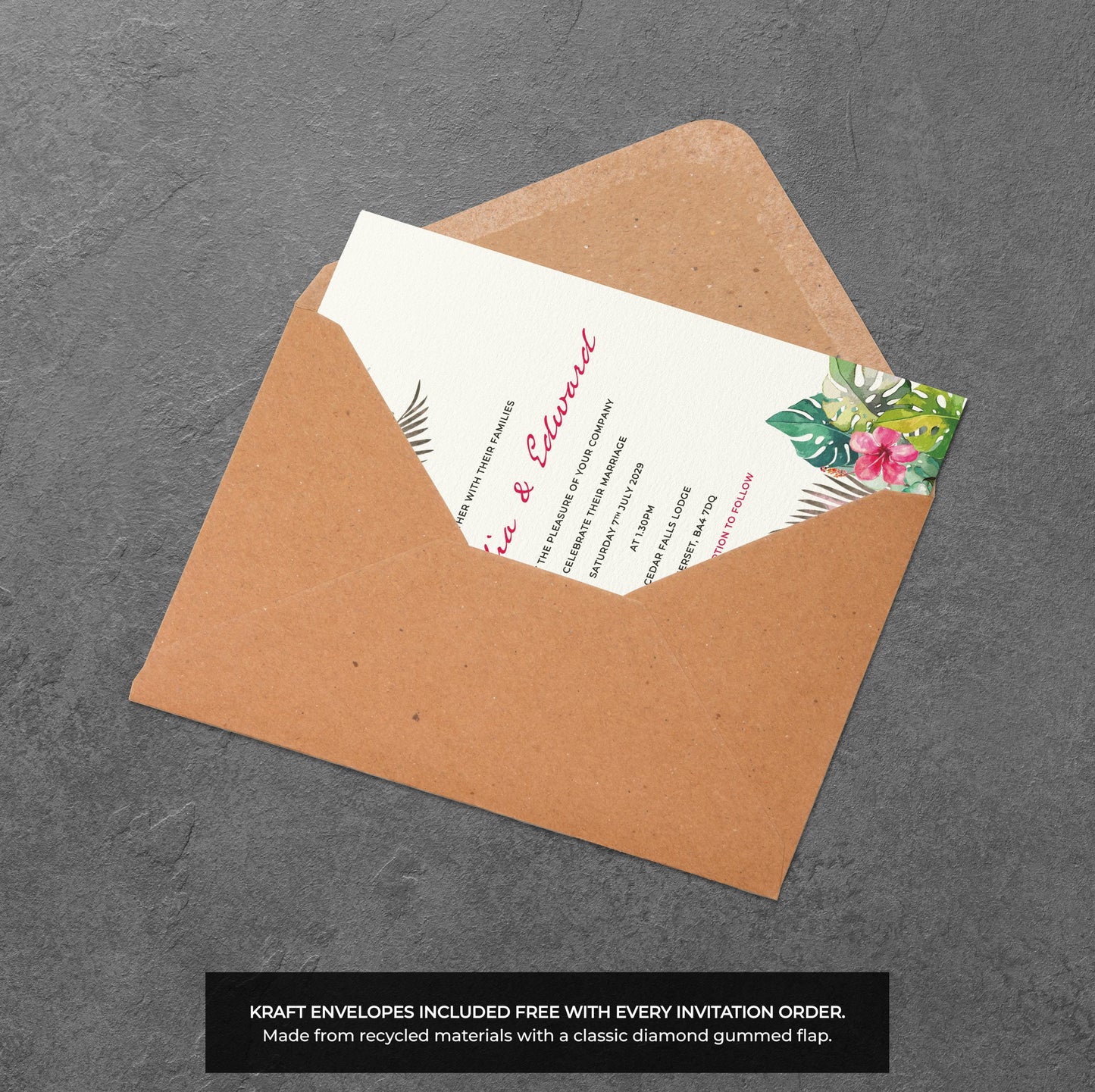 Tropical Floral Wedding Invitation – Bright Botanical Design with Kraft Envelopes