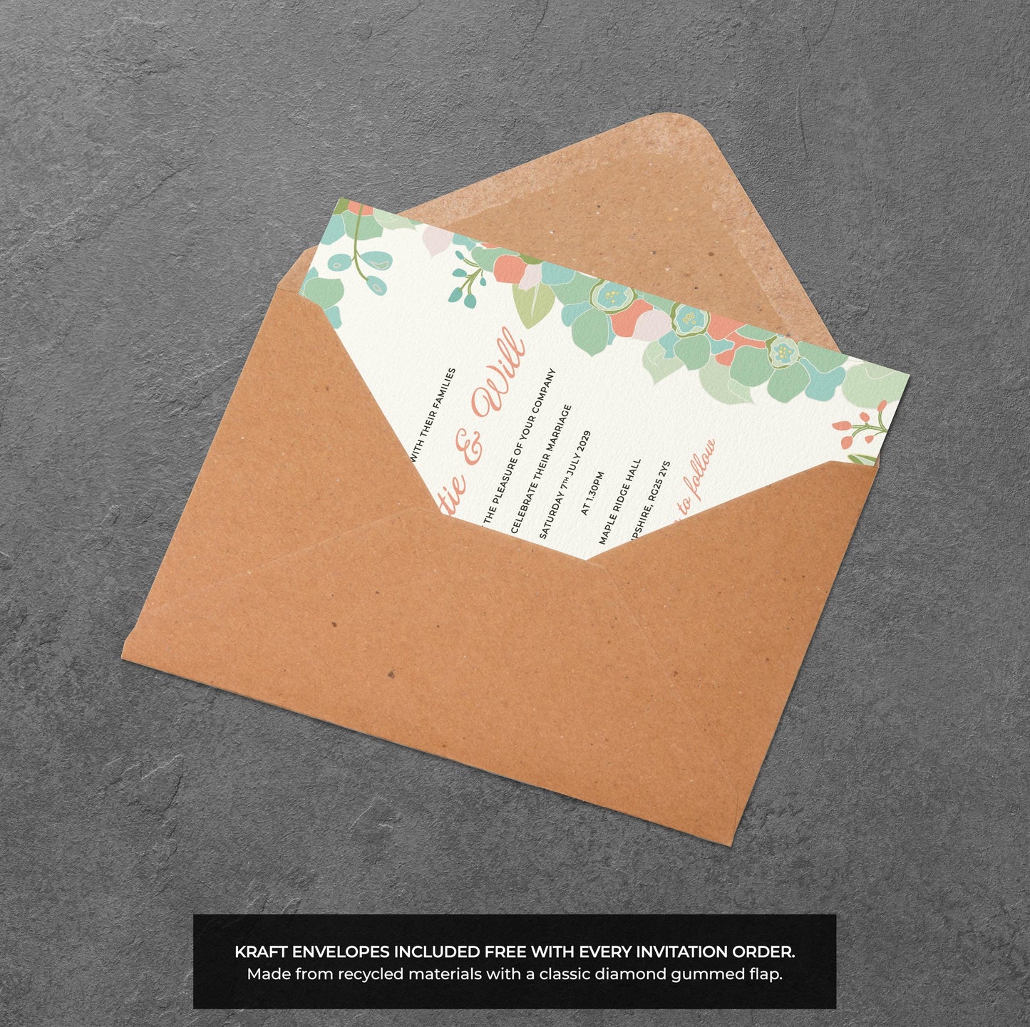 Pastel Floral Wedding Invitation – Soft Retro Blooms with Kraft Envelopes