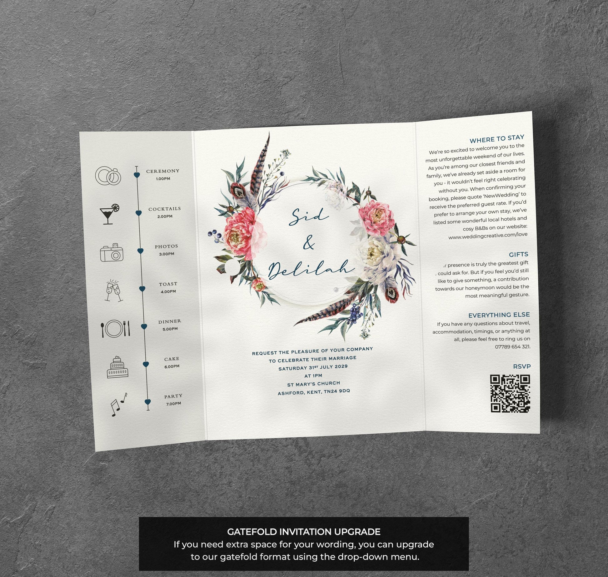 Boho Floral Wedding Invitation – Feather Wreath Design with Kraft Envelopes