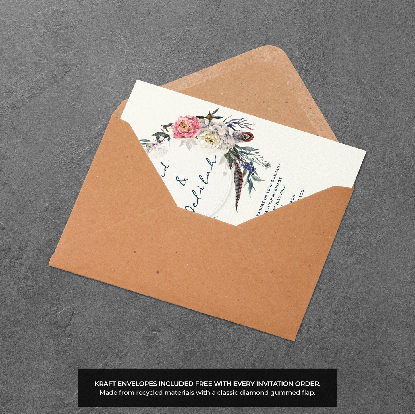 Boho Floral Wedding Invitation – Feather Wreath Design with Kraft Envelopes