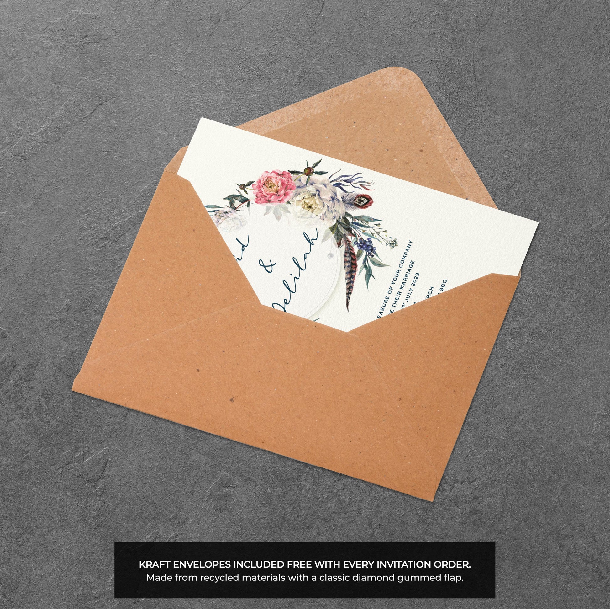 Boho Floral Wedding Invitation – Feather Wreath Design with Kraft Envelopes