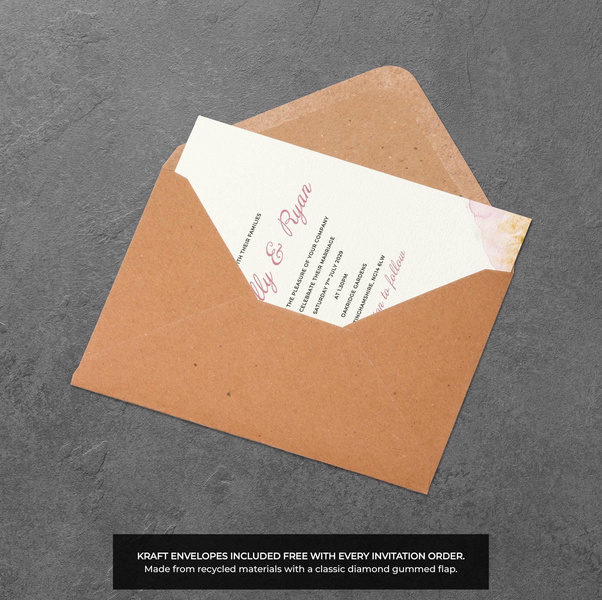 Blush Boho Floral Wedding Invitation – Soft Pastel Design with Kraft Envelopes