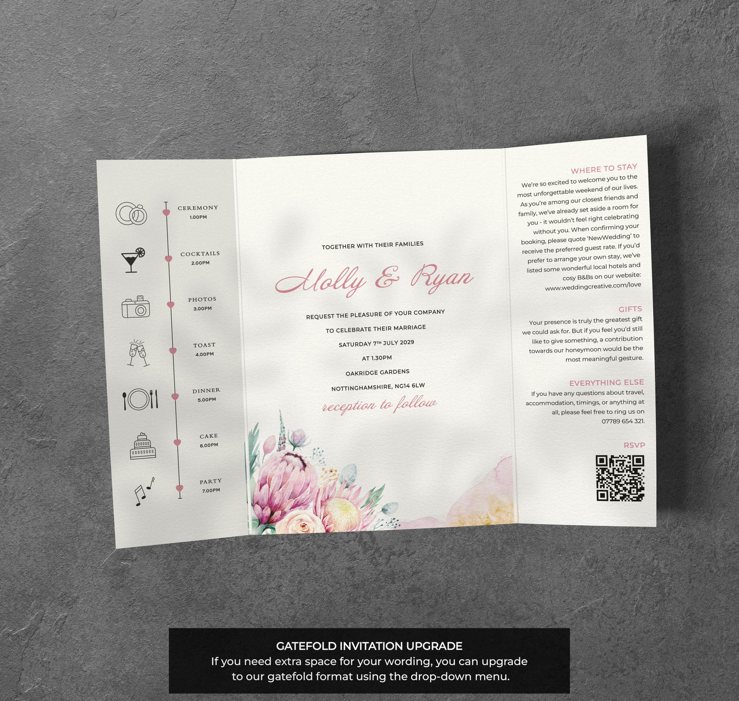 Blush Boho Floral Wedding Invitation – Soft Pastel Design with Kraft Envelopes