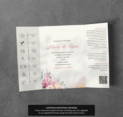 Blush Boho Floral Wedding Invitation – Soft Pastel Design with Kraft Envelopes