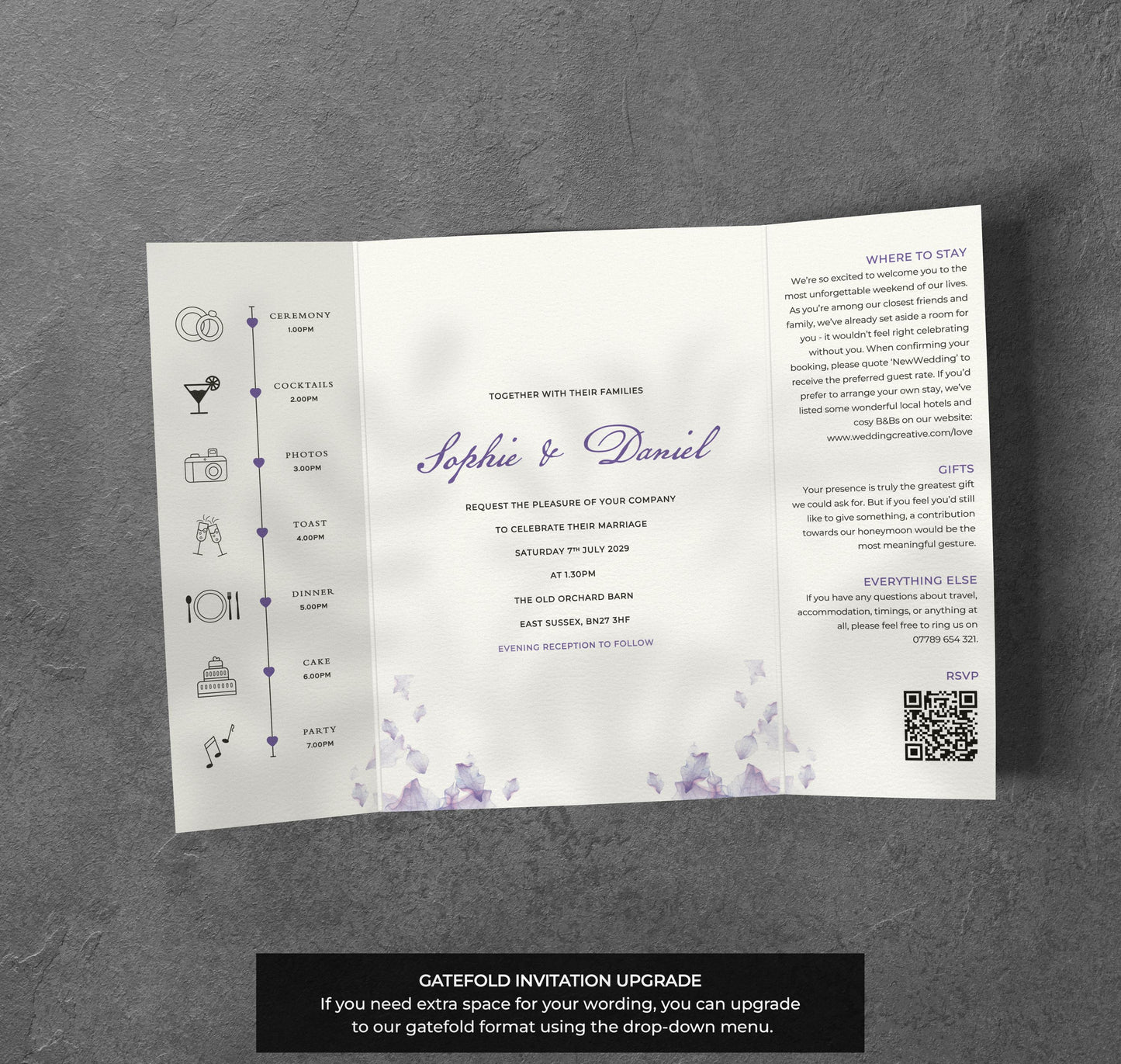Purple Petal Wedding Invitation – Watercolour Floral Design with Kraft Envelopes