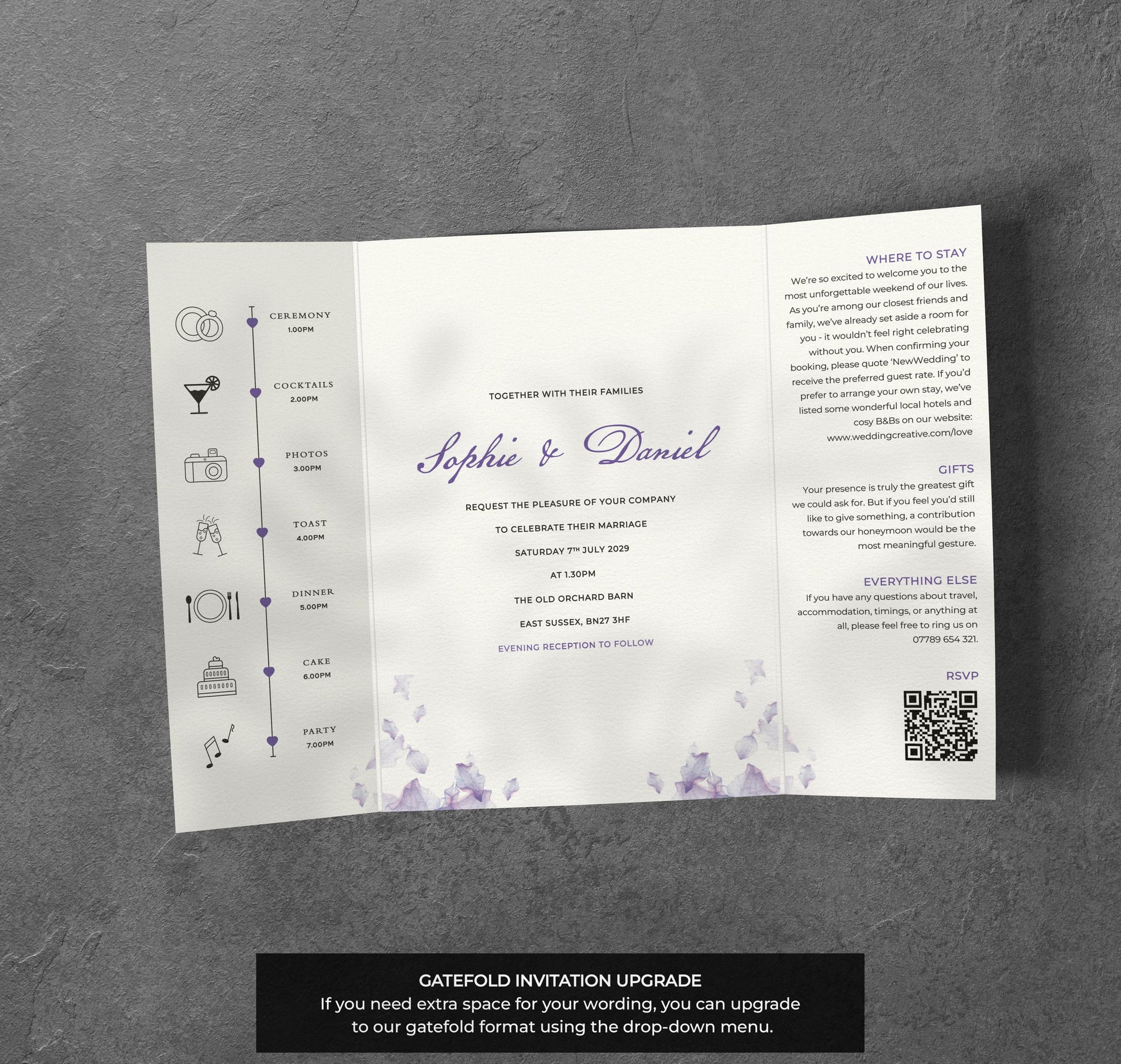 Purple Petal Wedding Invitation – Watercolour Floral Design with Kraft Envelopes