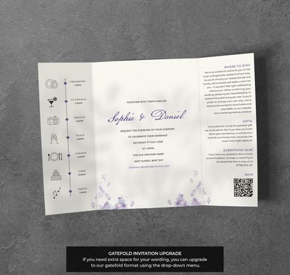Purple Petal Wedding Invitation – Watercolour Floral Design with Kraft Envelopes