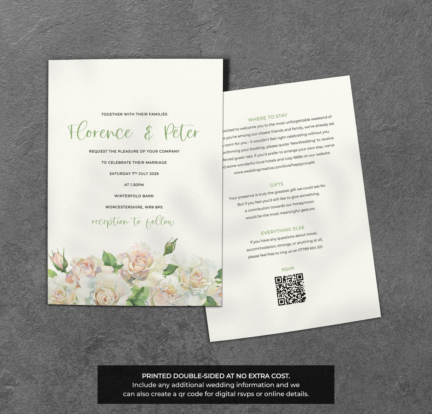 Sage Rose Wedding Invitation – Soft Green Floral Design with Kraft Envelopes