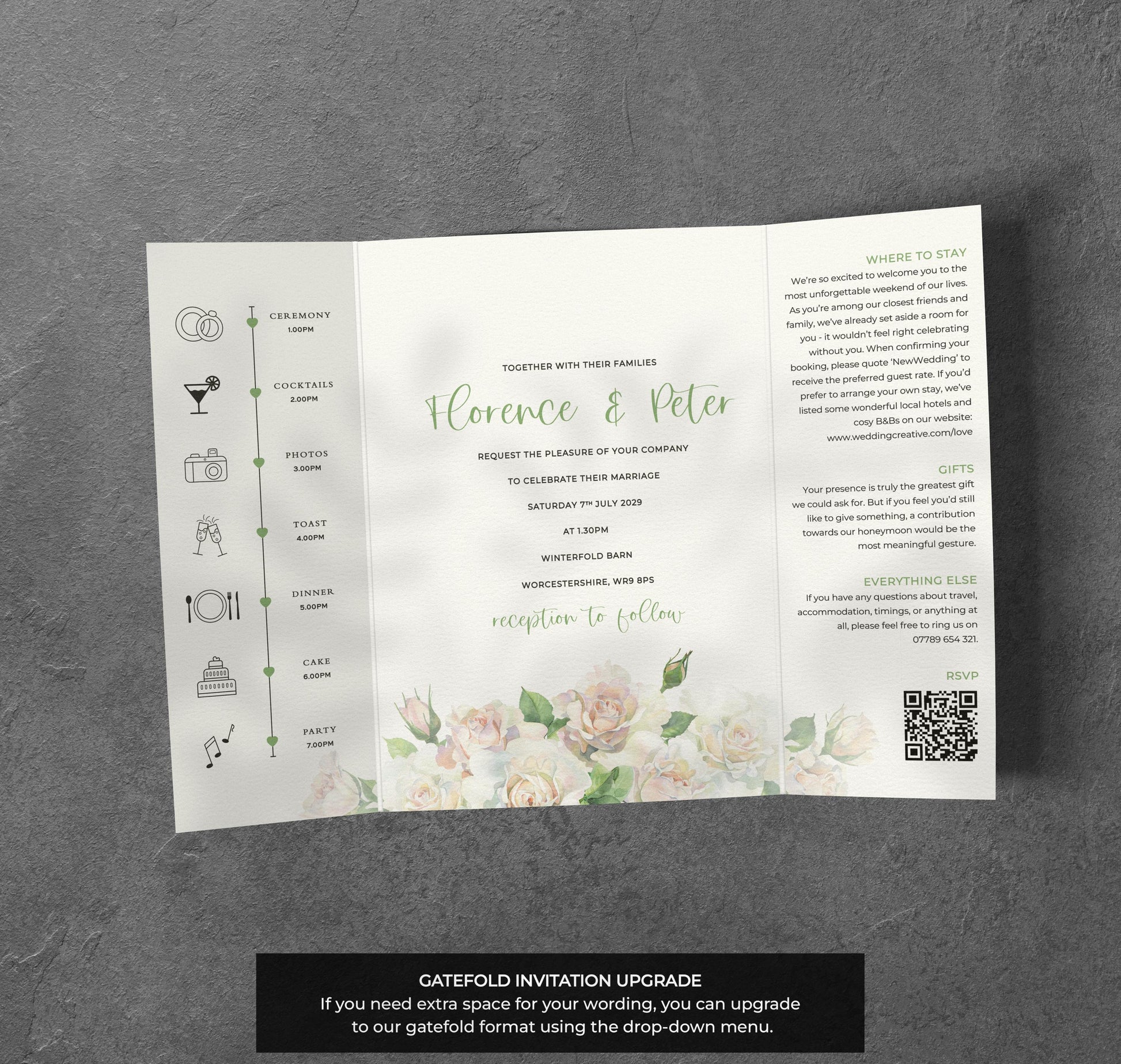 Sage Rose Wedding Invitation – Soft Green Floral Design with Kraft Envelopes