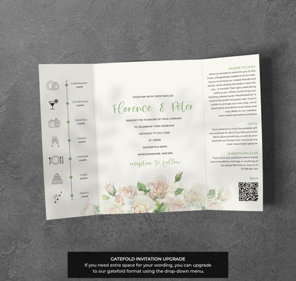 Sage Rose Wedding Invitation – Soft Green Floral Design with Kraft Envelopes