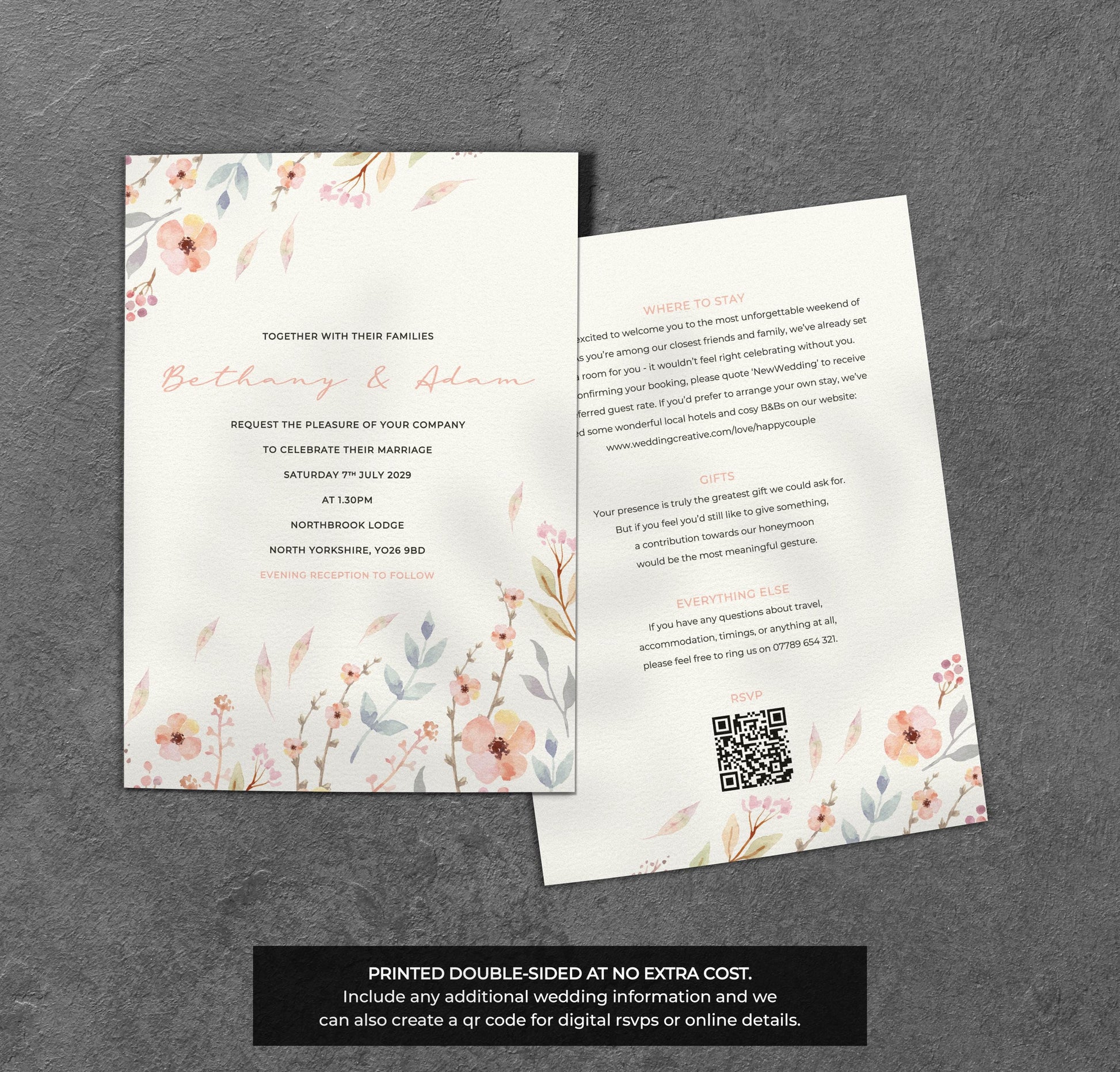 Pastel Meadow Wedding Invitation – Soft Floral Design with Kraft Envelopes
