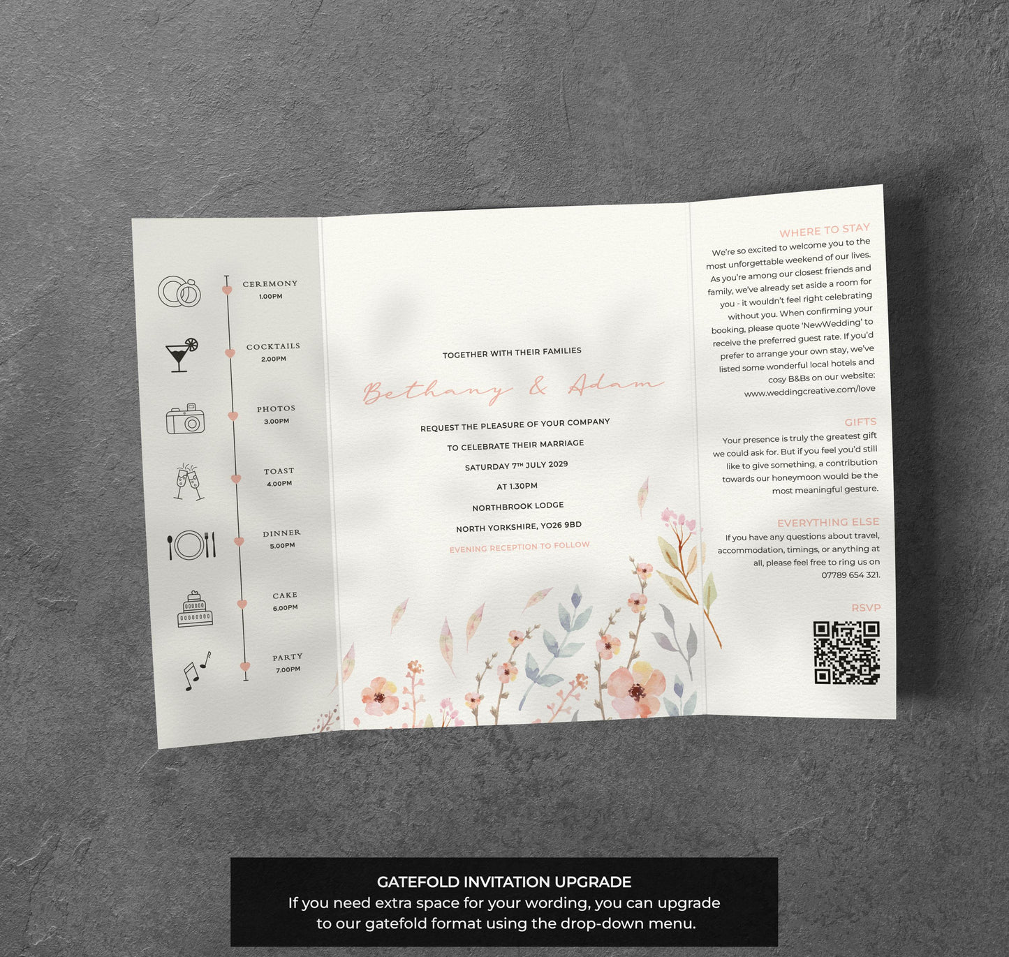 Pastel Meadow Wedding Invitation – Soft Floral Design with Kraft Envelopes