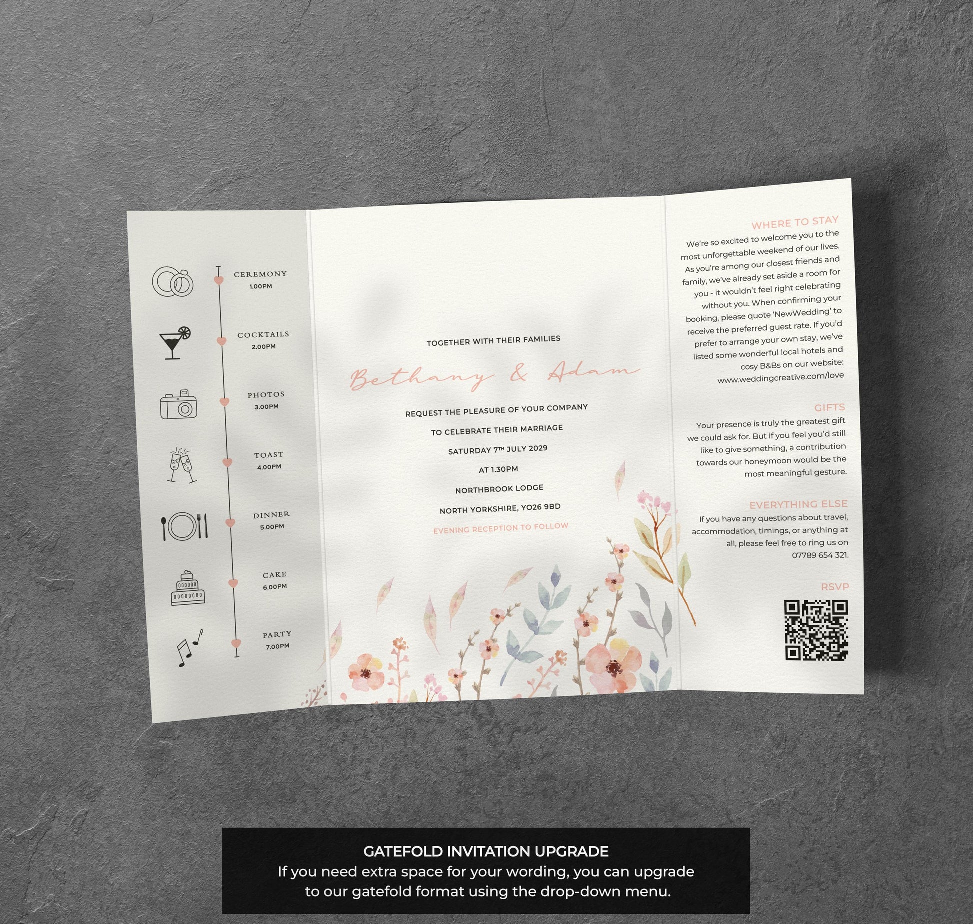 Pastel Meadow Wedding Invitation – Soft Floral Design with Kraft Envelopes