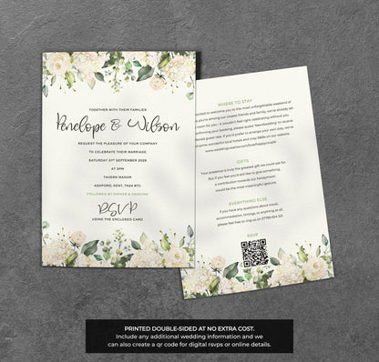 White Rose Wedding Invitation – Greenery Floral Design with Kraft Envelopes