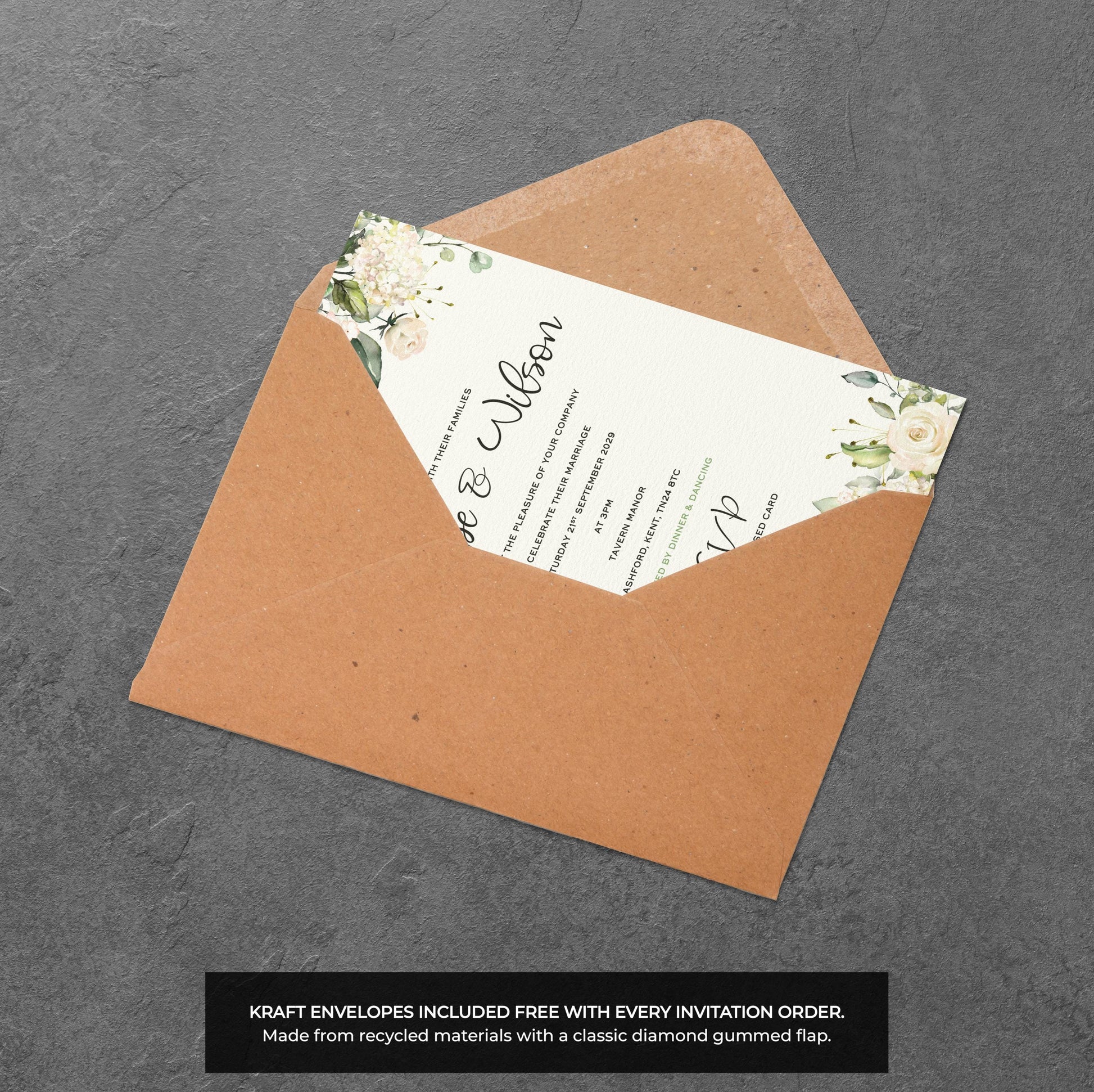 White Rose Wedding Invitation – Greenery Floral Design with Kraft Envelopes