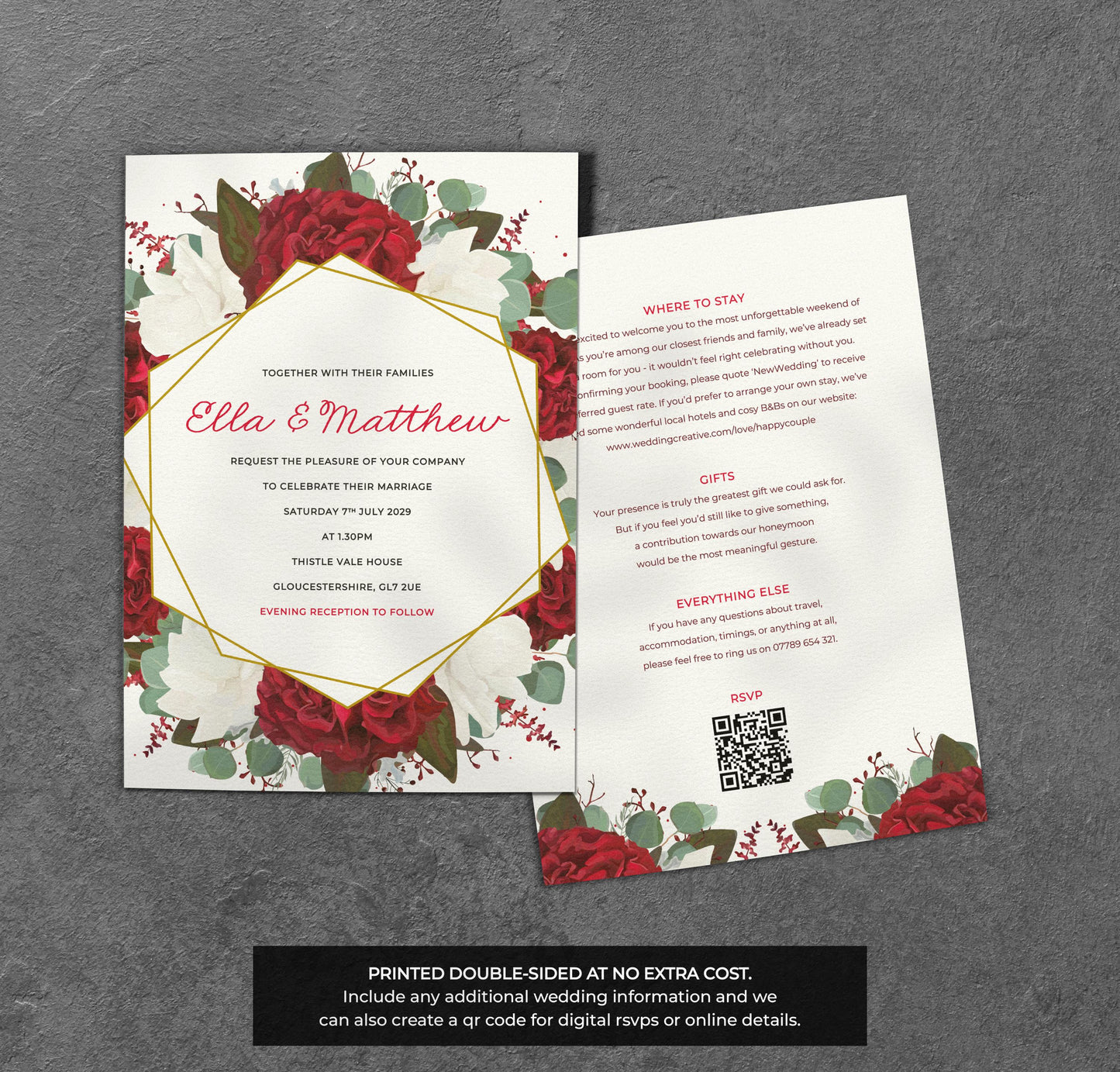 Red Rose Wedding Invitation – Geometric Floral Design with Kraft Envelopes