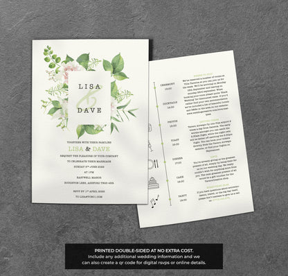 Green Botanical Wedding Invitation – Modern Foliage Frame with Kraft Envelopes