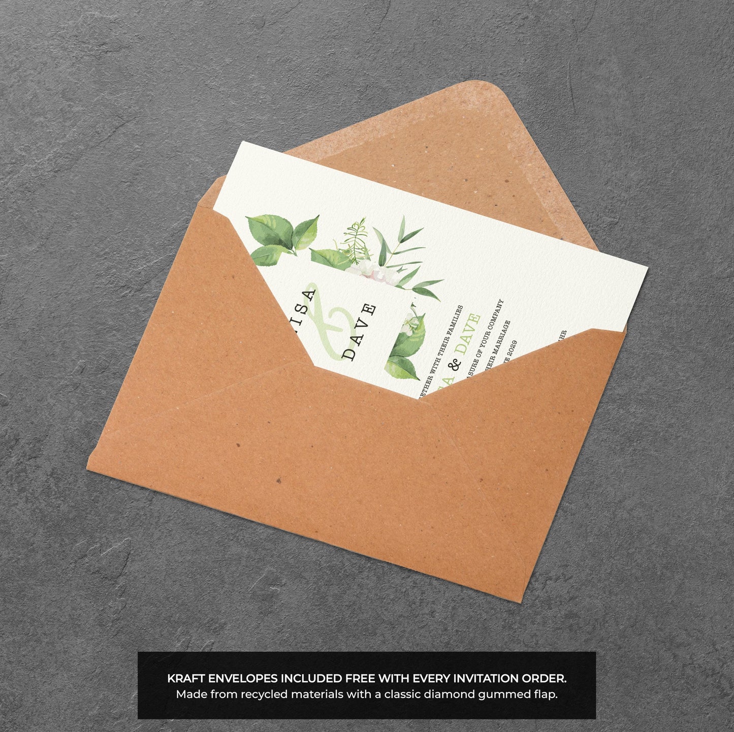 Green Botanical Wedding Invitation – Modern Foliage Frame with Kraft Envelopes