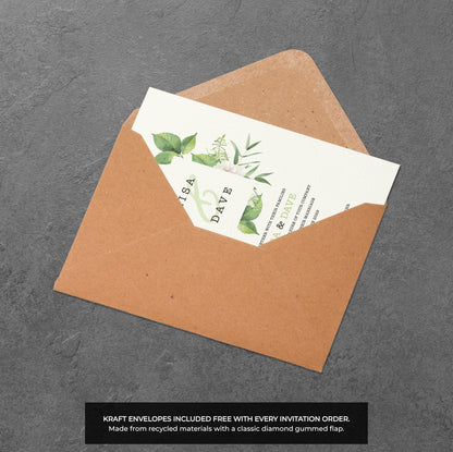 Green Botanical Wedding Invitation – Modern Foliage Frame with Kraft Envelopes