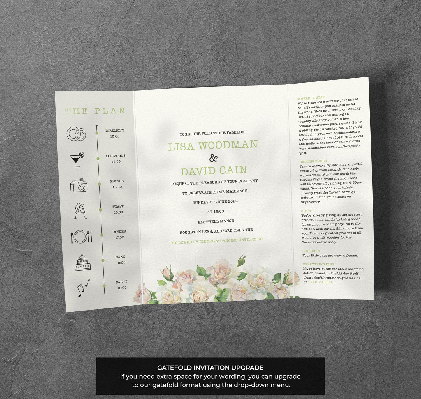 Green Botanical Wedding Invitation – Modern Foliage Frame with Kraft Envelopes
