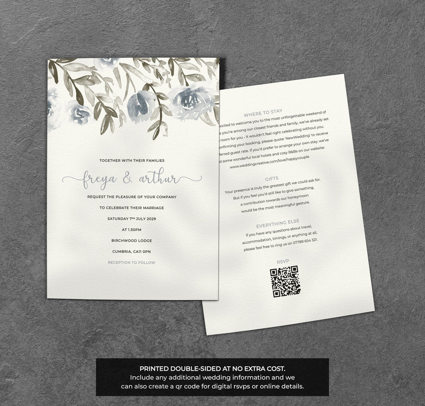 Blue Grey Floral Wedding Invitation – Watercolour Botanical Design with Envelopes
