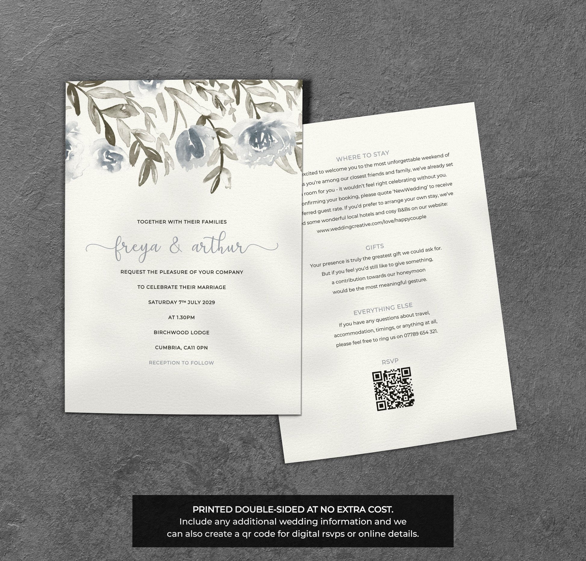 Blue Grey Floral Wedding Invitation – Watercolour Botanical Design with Envelopes