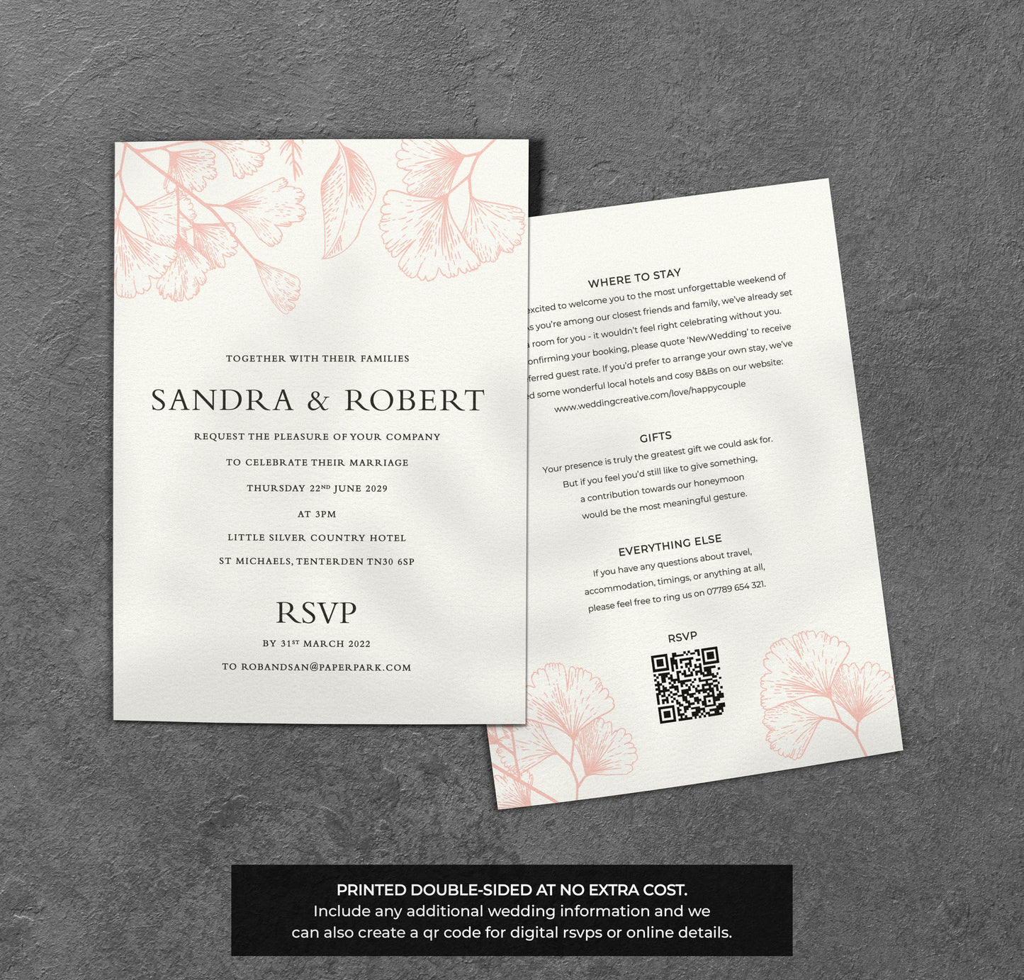 Peach Line Art Wedding Invitation – Elegant Floral Design with Kraft Envelopes