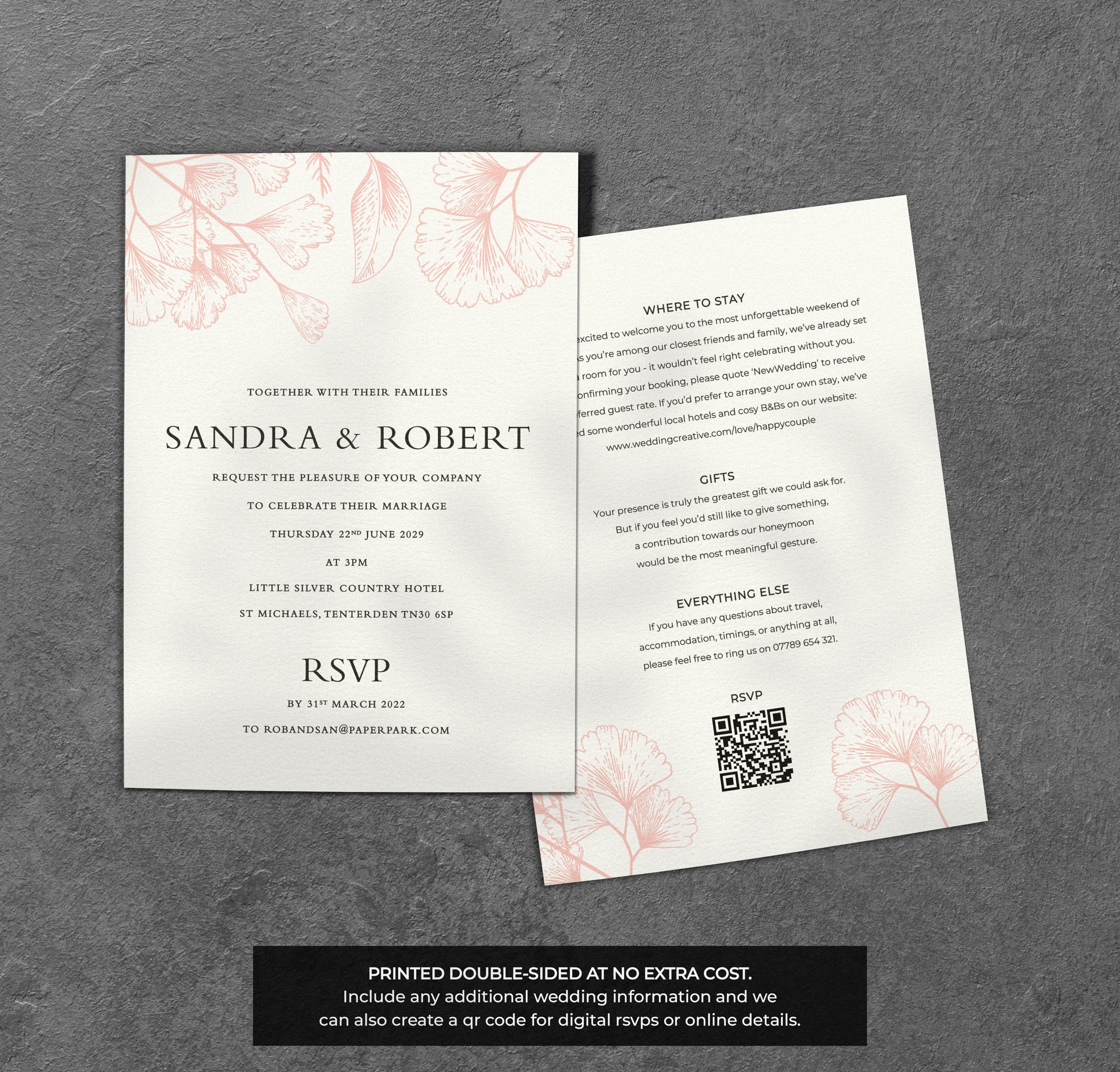 Peach Line Art Wedding Invitation – Elegant Floral Design with Kraft Envelopes