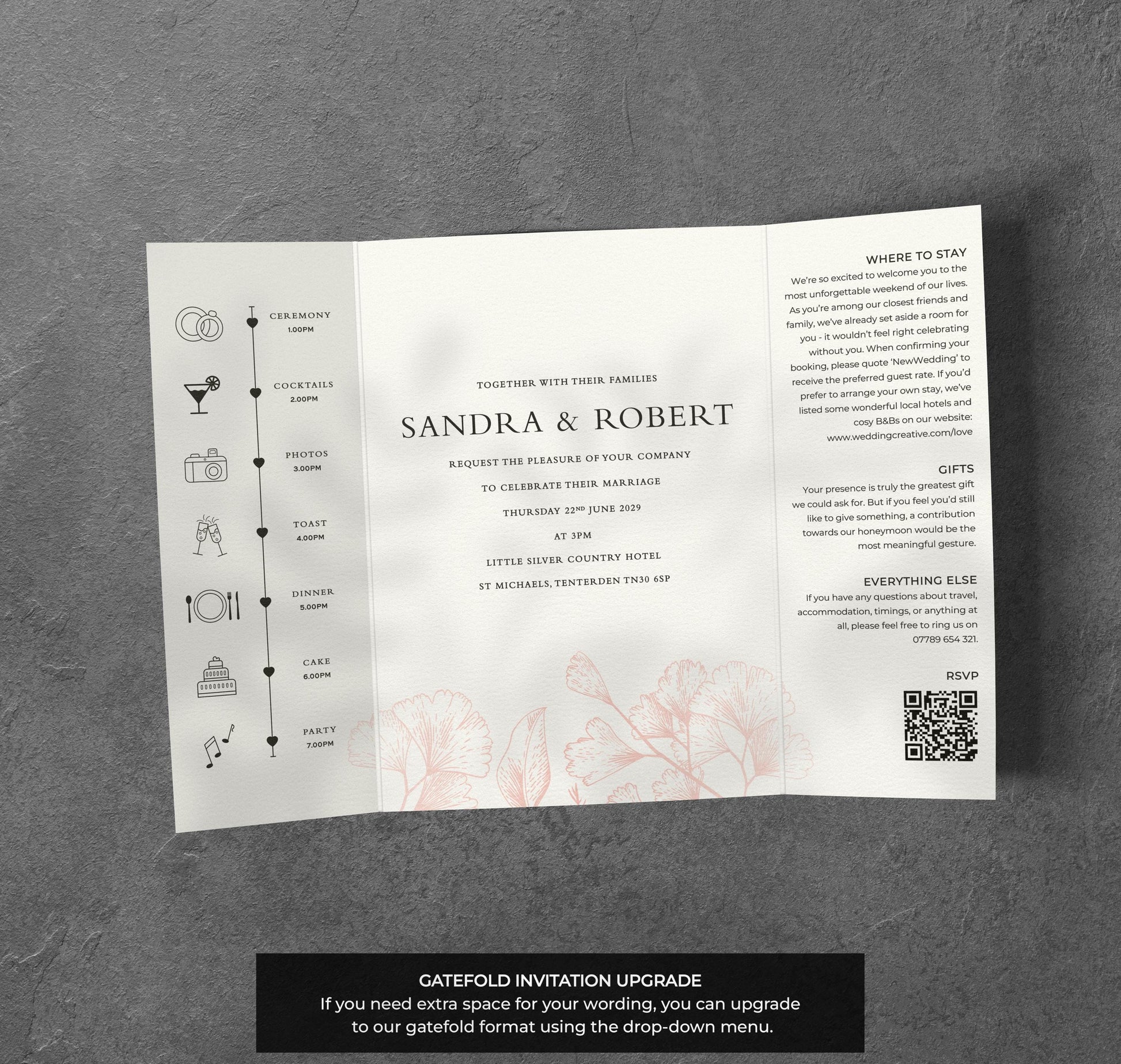 Peach Line Art Wedding Invitation – Elegant Floral Design with Kraft Envelopes