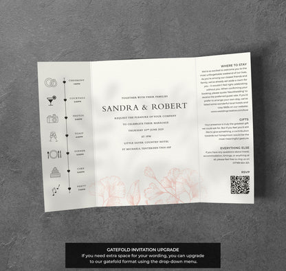 Peach Line Art Wedding Invitation – Elegant Floral Design with Kraft Envelopes