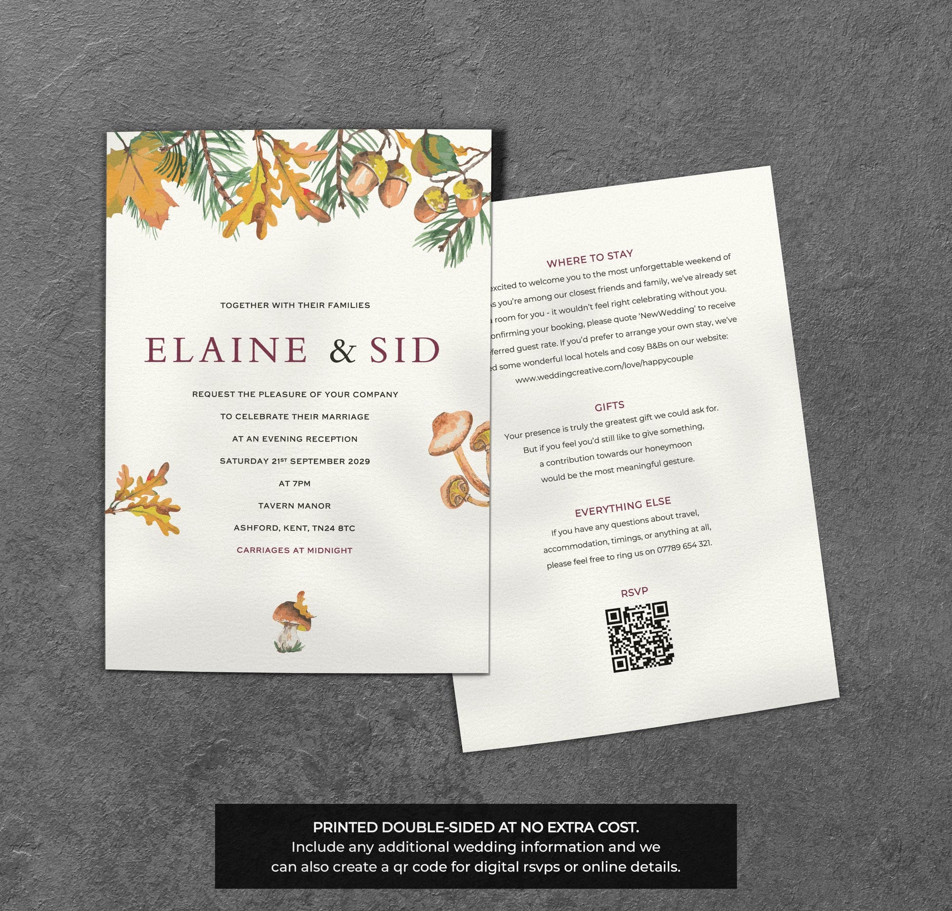 Autumn Wedding Invitation – Woodland Leaves & Acorns with Envelopes