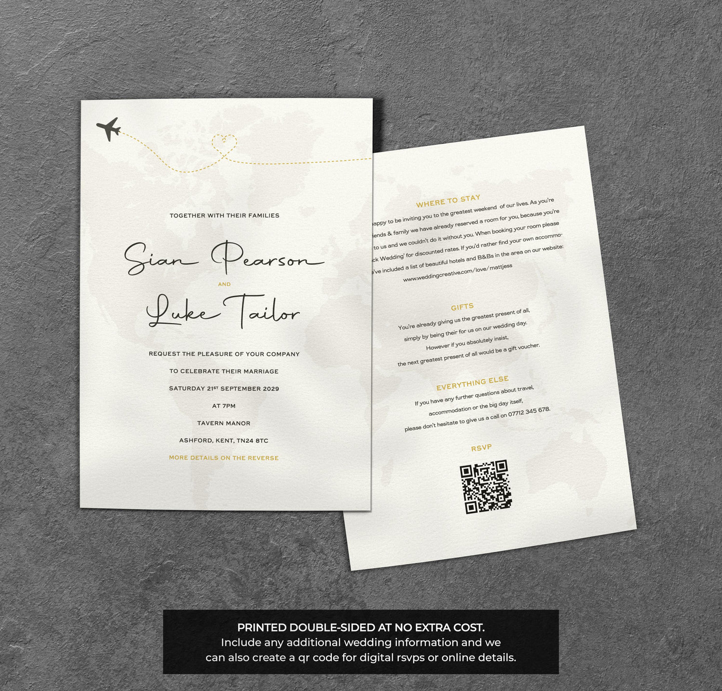 Travel Wedding Invitation – World Map & Airplane Design with Kraft Envelopes