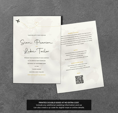 Travel Wedding Invitation – World Map & Airplane Design with Kraft Envelopes