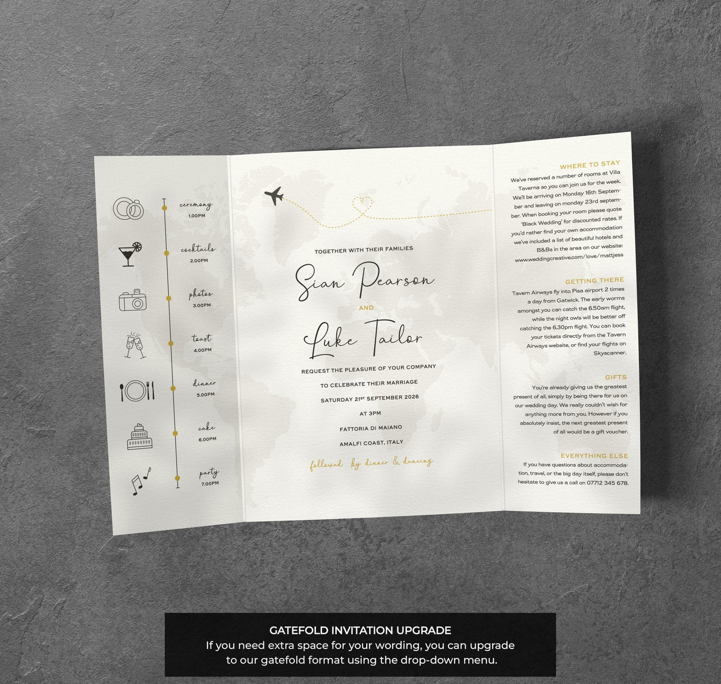 Travel Wedding Invitation – World Map & Airplane Design with Kraft Envelopes