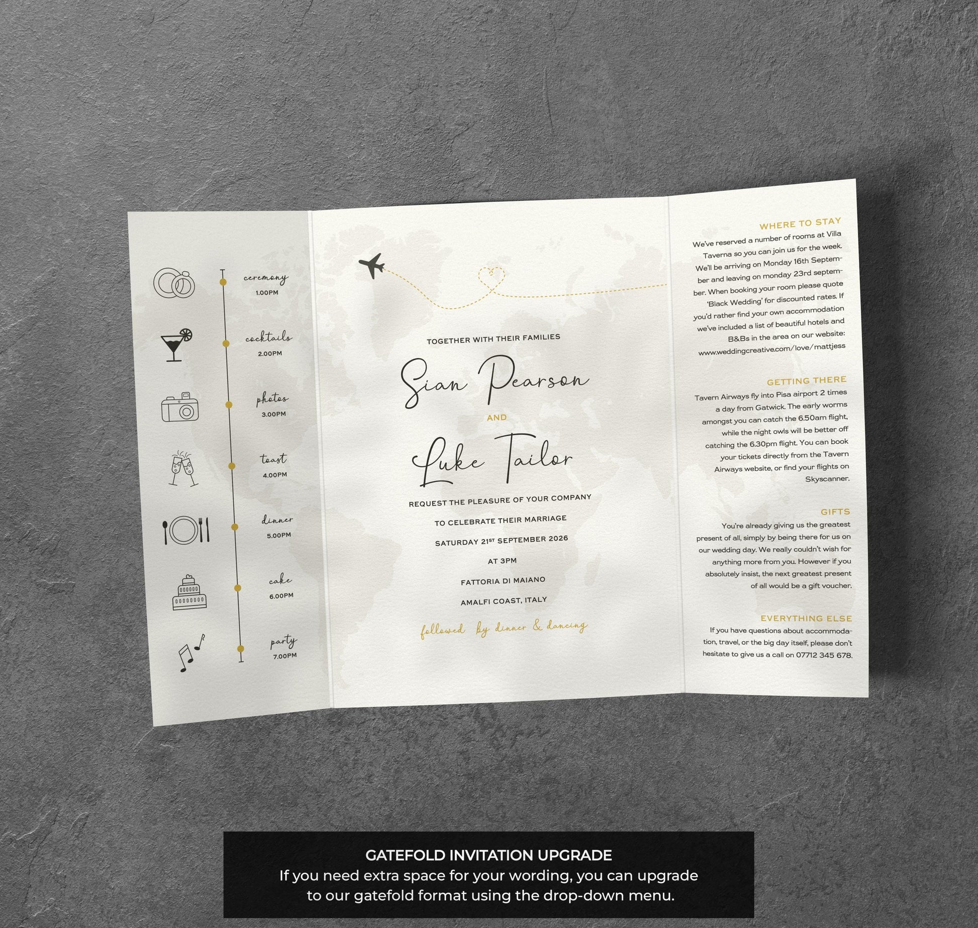 Travel Wedding Invitation – World Map & Airplane Design with Kraft Envelopes