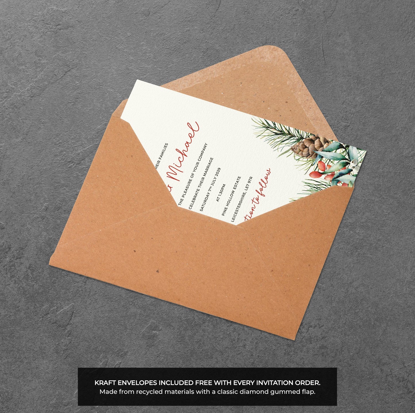 Winter Pine Wedding Invitation – Red Berries & Greenery Design with Kraft Envelopes
