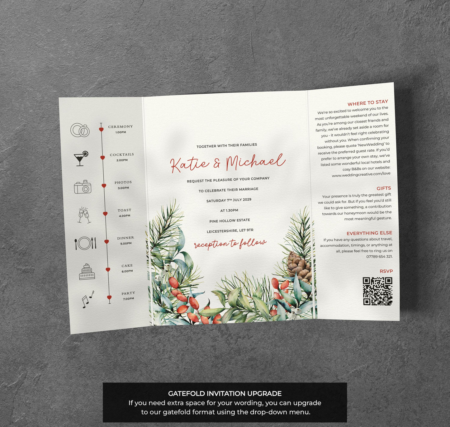 Winter Pine Wedding Invitation – Red Berries & Greenery Design with Kraft Envelopes