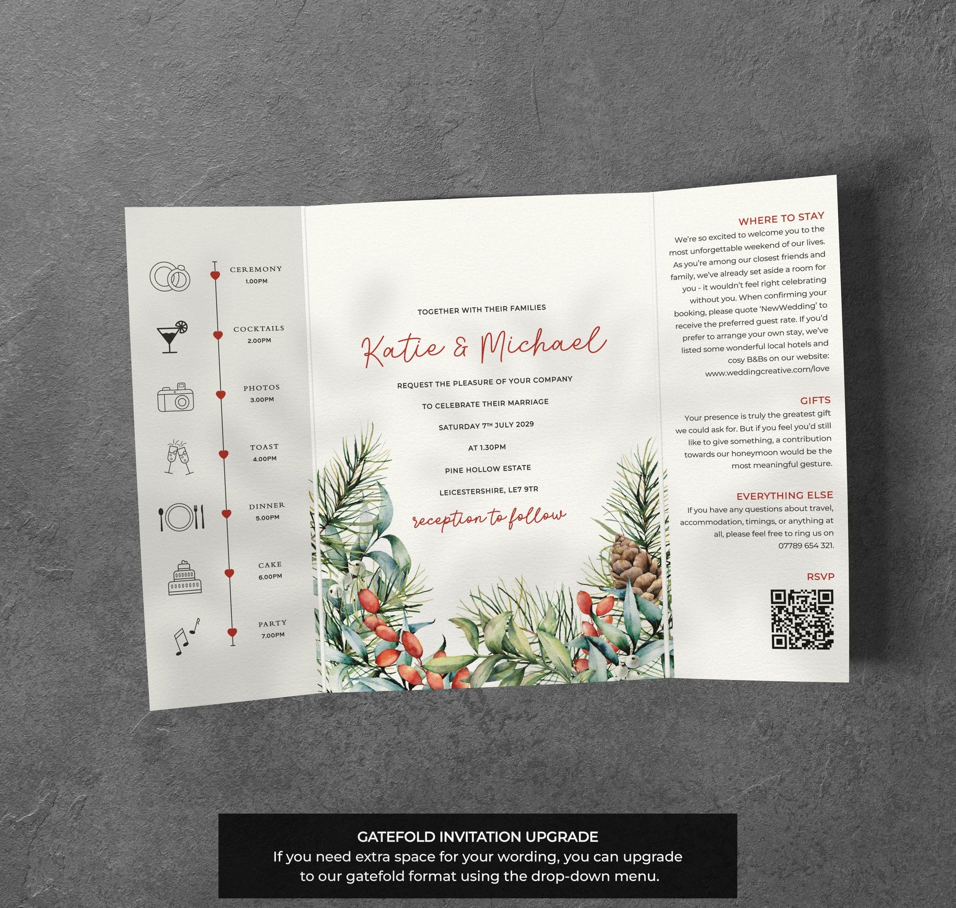 Winter Pine Wedding Invitation – Red Berries & Greenery Design with Kraft Envelopes