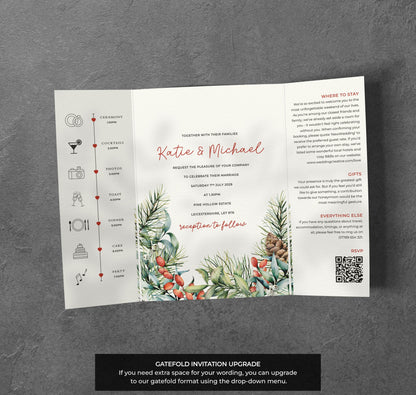 Winter Pine Wedding Invitation – Red Berries & Greenery Design with Kraft Envelopes