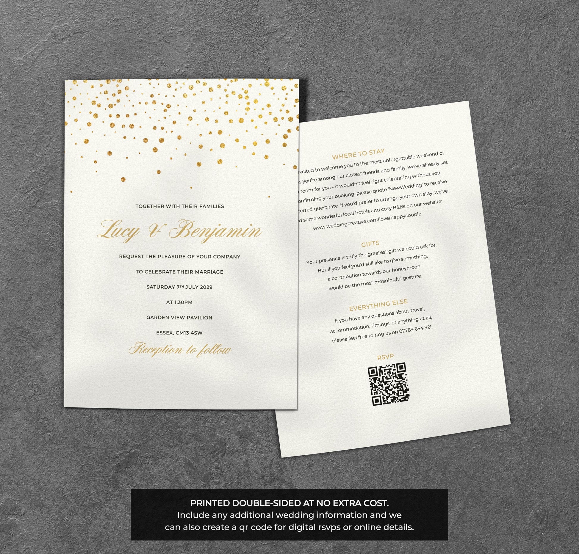 Gold Confetti Wedding Invitation – Modern Elegant Design with Envelopes
