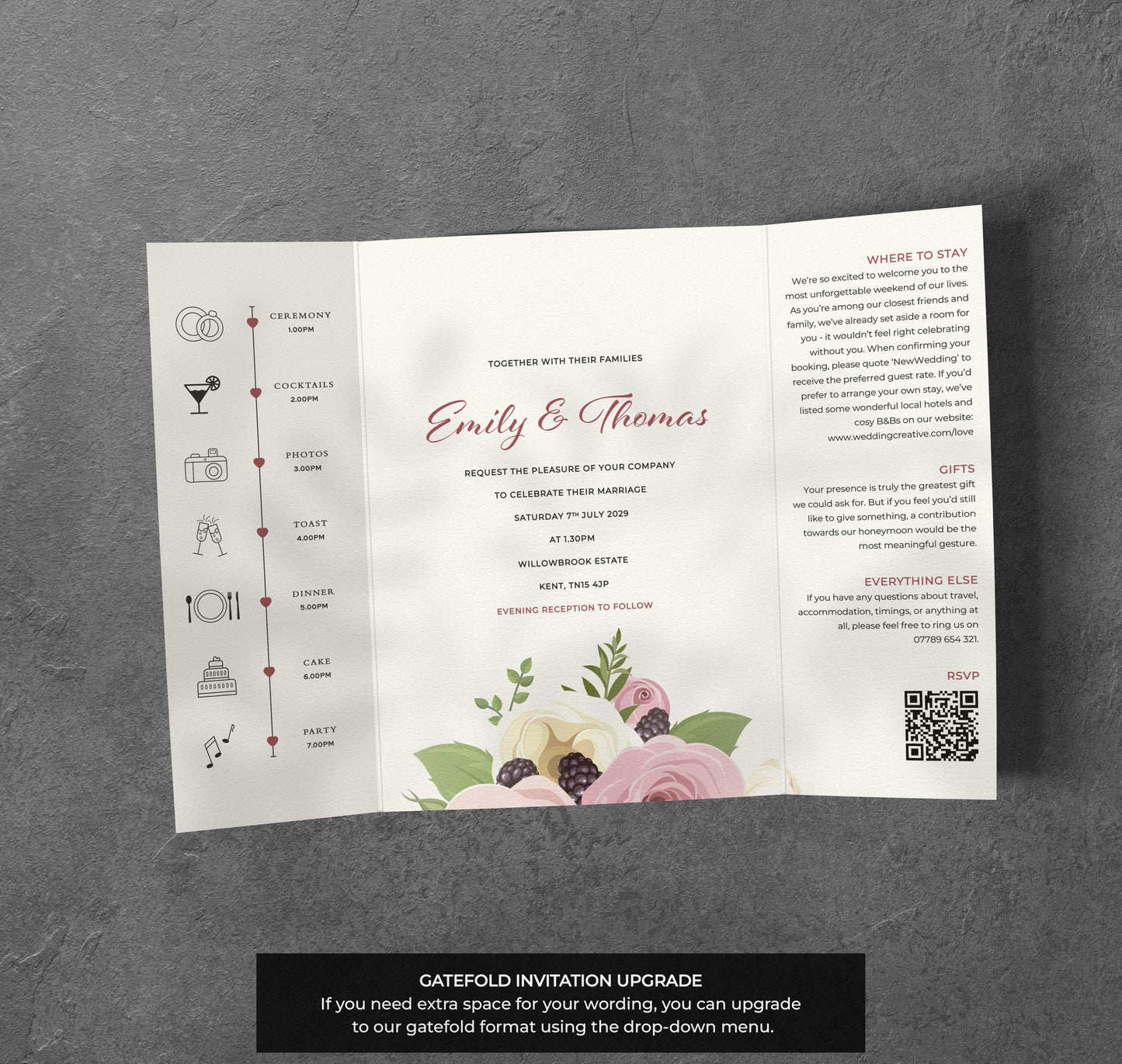 Blush Rose & Berry Wedding Invitation – Floral Border Design