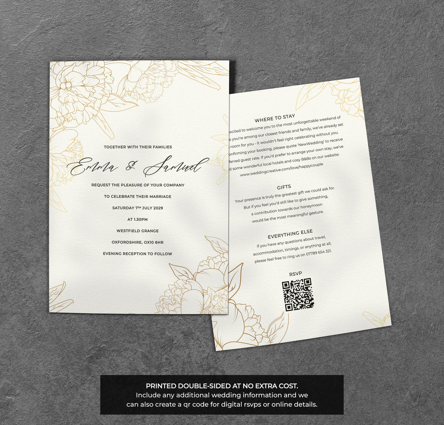 Gold Line Art Wedding Invitation – Minimal Floral Design with Kraft Envelopes
