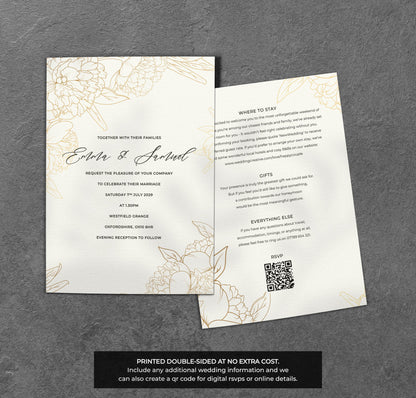 Gold Line Art Wedding Invitation – Minimal Floral Design with Kraft Envelopes