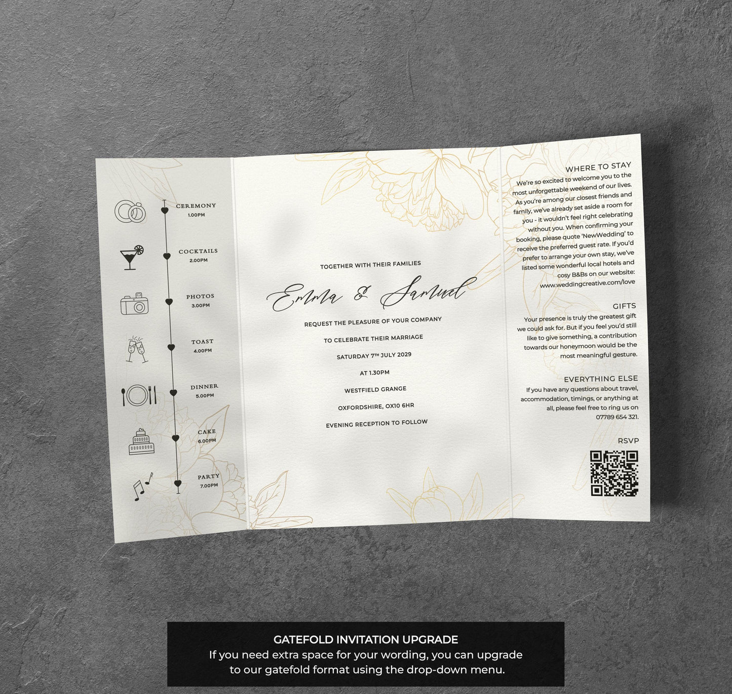 Gold Line Art Wedding Invitation – Minimal Floral Design with Kraft Envelopes