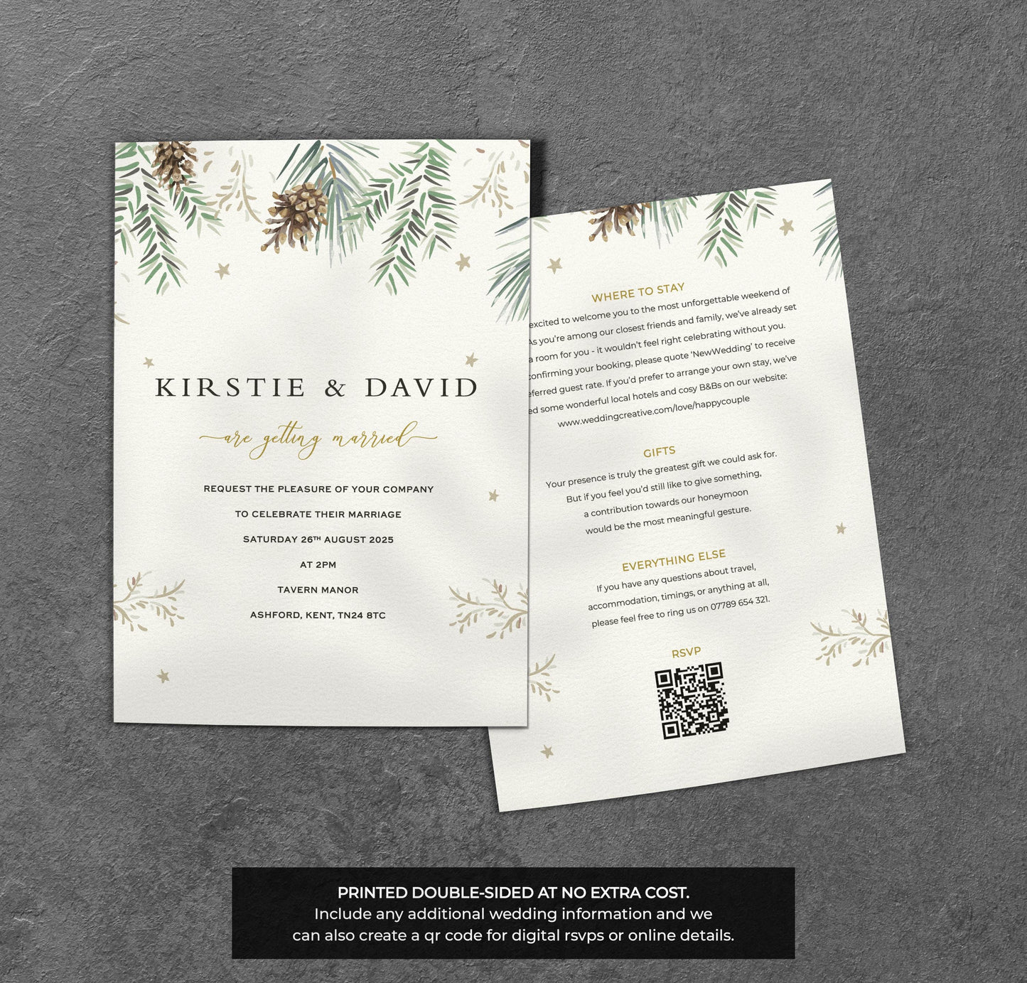 Winter Pinecone Wedding Invitation – Rustic Greenery Design with Envelopes