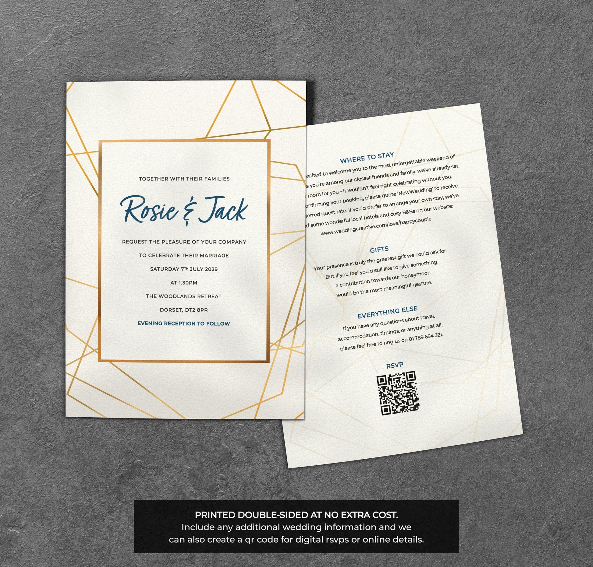 Geometric Wedding Invitation – Gold Line Design with Kraft Envelopes