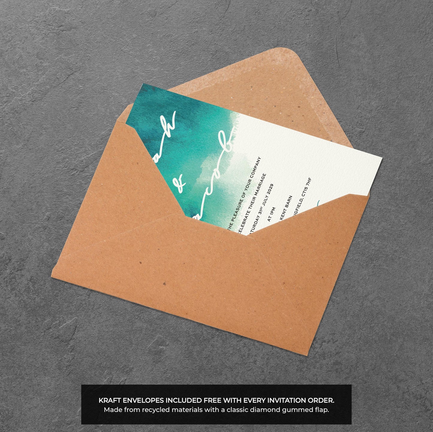 Teal Watercolour Wedding Invitation – Modern Brush Design with Kraft Envelopes