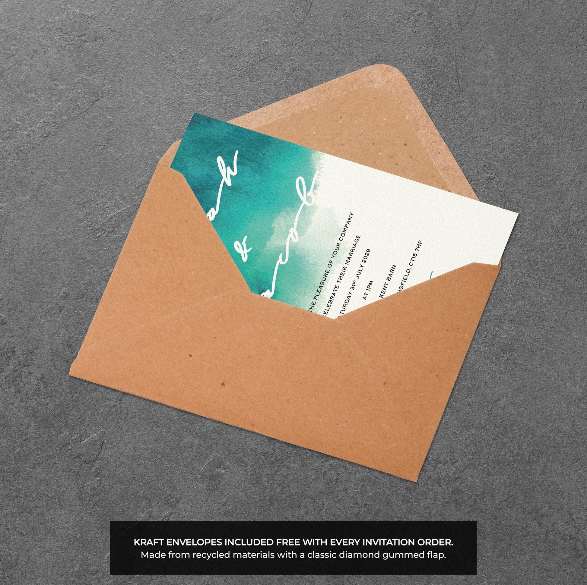 Teal Watercolour Wedding Invitation – Modern Brush Design with Kraft Envelopes